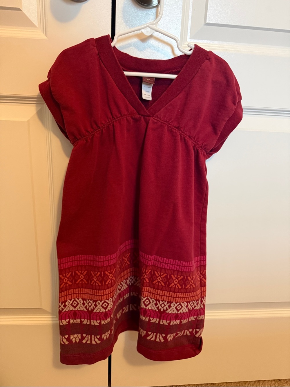 Tea Collection Red Knit Dress with Patterned Hem